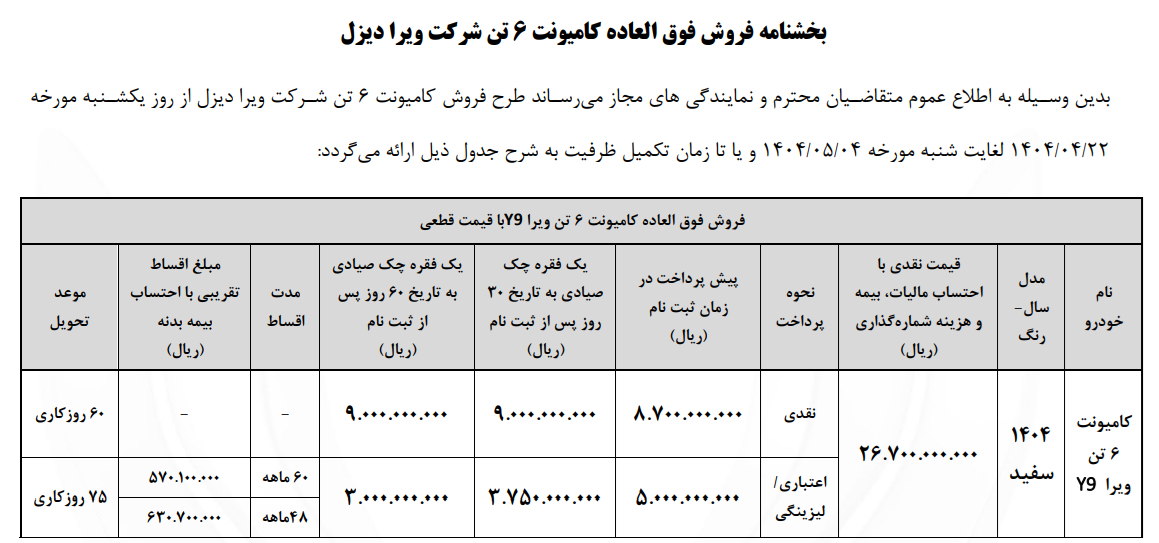 فروش فوق العاده کامیونت ۶تن ویرا دیزل